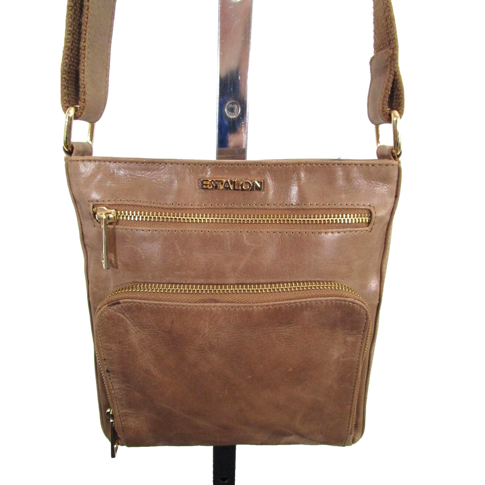Estalon Medium Size Brown Leather Top Zip Crossbody Purse